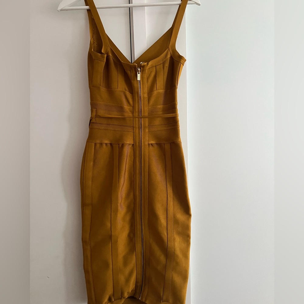 Mustard/gold colored, bodycon bandage dress by House of CB - Picture 2 of 5